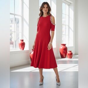 The Kooples Red Cold-Shoulder Midi Dress with Jeweled Straps
